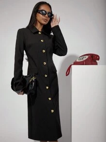 COSMINA Modest Women's Solid Color Front Button Long Sleeve Pocket Minimalist Long Dress - Black - View 6