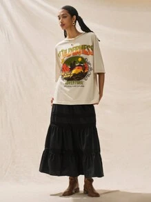 Easelle Camiseta holgada de manga corta de estilo informal y vintage en color caqui para mujer