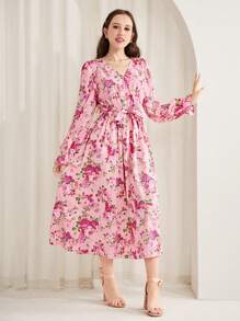 SHEIN 少女碎花 V 领荷叶边袖连衣裙