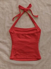 Soleia 女士度假挂脖式红色纹理针织修身背心 - 紅色 - 查看 2