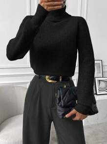 EMERY ROSE Turtleneck Ribbed Knit Sweater,Long Sleeve Tops Knit Pullover Fall Winter Outfit - Black - View 7