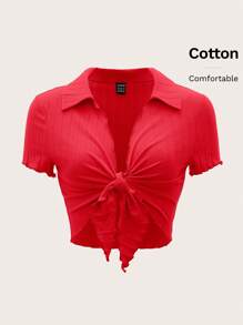 SHEIN EZwear Lettuce Trim Knot Front Crop Top - Red - View 5