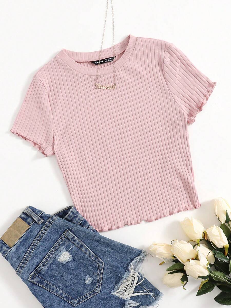 SHEIN EZwear Solid Lettuce Trim Rib-knit Tee - Dusty Pink - View 1