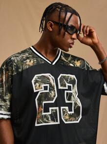 Forever 21 Men Stripe Panel Letter Graphic Print Short Sleeve Jersey T-Shirt, Casual Daily Wear, Street Wear, Boyfriend Gift