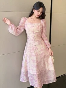 DAZY 女式春季碎花印花腰部 A 字连衣裙、休闲度假/派对装、秋季连衣裙长袖连衣裙 - 粉色 - 查看 2