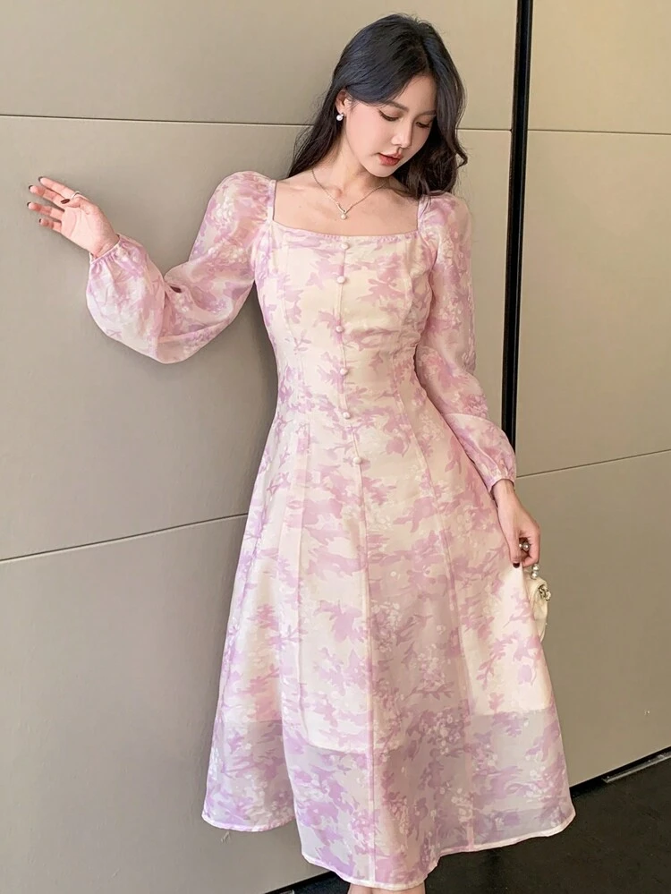 Women's Spring Ditsy Floral Print Waist A-Line Dress, Casual Vacation/Party Outfit,Fall Dress Long Sleeve Dress Boho