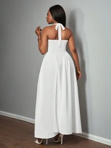 Slaydiva 优雅 V 领挂脖长裙，白色，度假风格