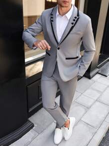 Manfinity Bizformal Conjunto de chaqueta y pantalón formal para hombre de Manfinity con contraste de color en el cuello de solapa y de manga larga