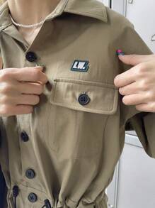 FRIFUL Combishort utilitaire kaki pour femmes, avec étiquette tissée, taille ajustable, combishort décontracté pour l'été - Kaki - Voir 6