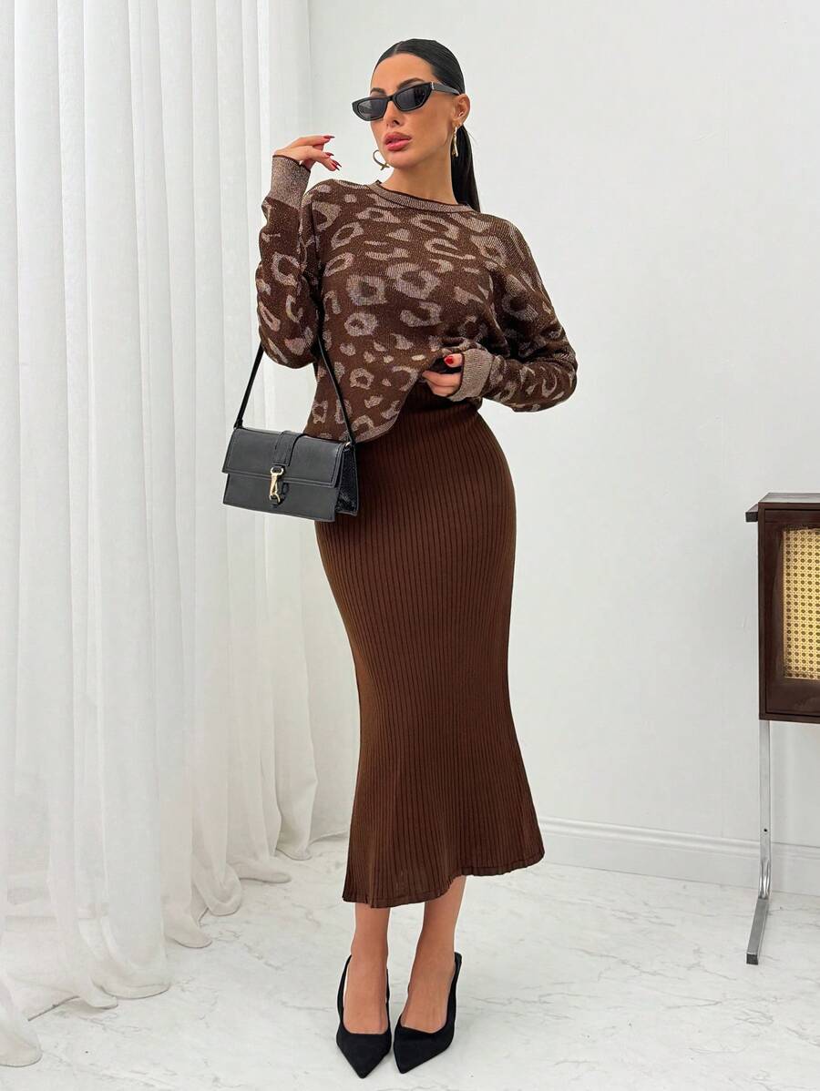 EURMUSE Metallic Leopard Print Knit Top And Skirt Set – Chic And Bold Two-Piece Look - Chocolate Brown - View 1