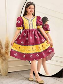 SHEIN Tween 女童优雅度假泡泡袖连衣裙、斋月连衣裙 - 酒紅色 - 查看 1