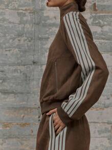 MUSERA Zip Through Cuffed Sleeve Stripe Detail High Collar Sweatshirt Graduation, Back To School, Teacher For Women, Fall Autumn Winter Christmas