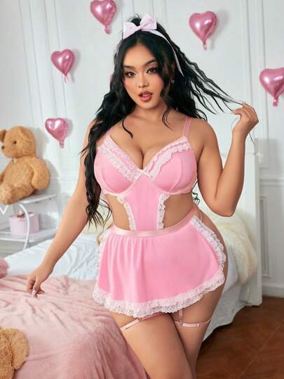 Kawaii Plus Size Romantic Valentine's Day Maid Costume Lace Patchwork 3-Piece Set