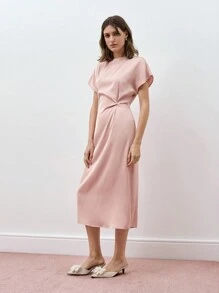 Maija Vestido informal de corte ceñido midi con cuello redondo y manga corta, de unicolor, para mujeres, para ocasiones como el 4 de julio, São João, graduación y fiestas.