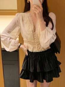 DAZY 1 chiếc áo cánh dài tay cổ chữ V ren tương phản thanh lịch dành cho nữ, áo mùa hè - Màu be - Xem 6