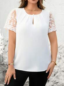 SHEIN Clasi Plus Size Summer Lace Patchwork Hollow Out Collar Vacation Blouse - White - View 5