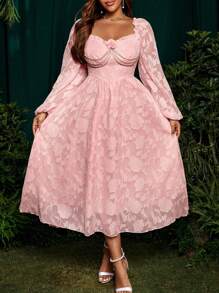 SHEIN Belle 大码女式方领心形领口长袖提花花卉贴花珍珠链装饰 A 字形连衣裙 - 粉色 - 查看 3