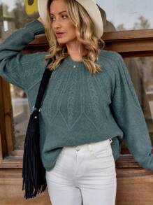 LanaWest Pull tricoté à col rond, manches raglan et manches longues pour femmes, automne/hiver