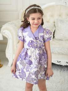 Purple Jacquard Girls Vintage Garden Elegant Ruched Collar Puff Sleeve A-Line Dress, Suitable For Summer Party & Wedding, Young Girl Formal Dress - Purple - View 4