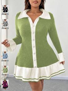 SHEIN Unity Vestido de punto con bloqueo de color, volantes y decoración con botones para mujer talla grande, elegante vestido largo para otoño/invierno - Verde - Ver 1