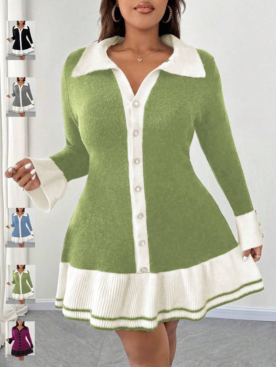 SHEIN Unity Vestido de punto con bloqueo de color, volantes y decoración con botones para mujer talla grande, elegante vestido largo para otoño/invierno - Verde - Ver 1