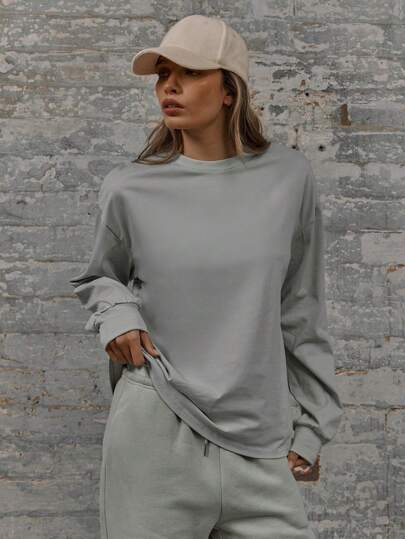 MUSERA Boxy Fit Crew Neck Drop Shoulder Ribbed Cuff Hip Length Sweatshirt Casual Summer Fall