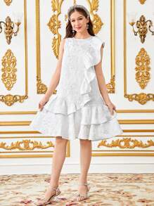SHEIN Vestido sin mangas con ruedo asimétrico y volantes de satén con jacquard de brocado elegante para adolescentes, adecuado para bodas, fiestas y festivales