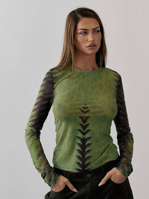 MUSERA Mesh Print Fitted Crew Neck Long Sleeve Top Casual Cute Animal Sheer Rave Festival Holiday Fall Back To School