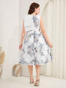 SHEIN 少女白色和银色闪光薄纱网眼荷叶边蝴蝶结装饰长款公主裙、正式派对舞会礼服 - 白色 - 查看 2