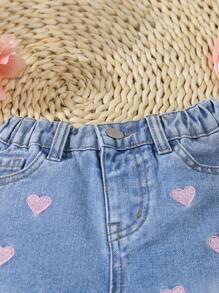 Young Girl Heart Embroidery Stylish Versatile Denim Shorts,Holiday,Summer,Travel