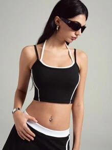 LYSMO Mujer Top deportivo informal recortado con detalles de bloqueo de color - Negro - Ver 4