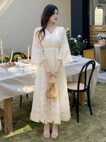 DAZY Vestido de verano y otoño/invierno de corte A con decoración floral bordada y con volantes de estilo francés elegante para mujer - Albaricoque - Ver 3