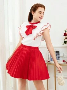 SHEIN 情人节少女红色蝴蝶袖褶皱 A 字裙