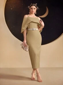 Modelyn 女士纯色吊带连衣裙，优雅晚会长裙 - 卡其色 - 查看 8