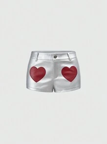 ROMWE J-Fashion Pantalones cortos mini con parche en forma de corazón plateado para el Día de San Valentín - Plateado - Ver 1