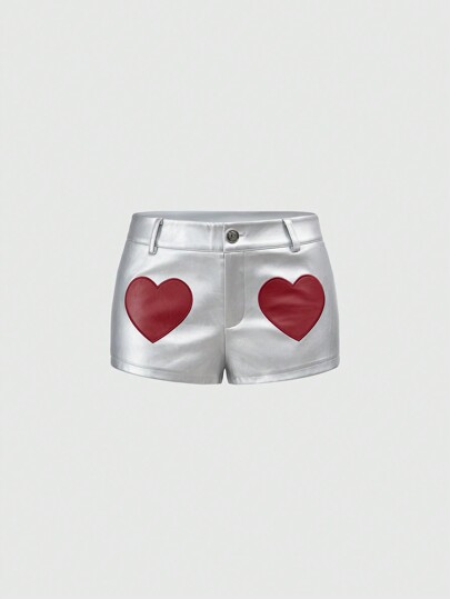 J-Fashion Y3k Valentine's Day Silver Heart Patch Mini Shorts