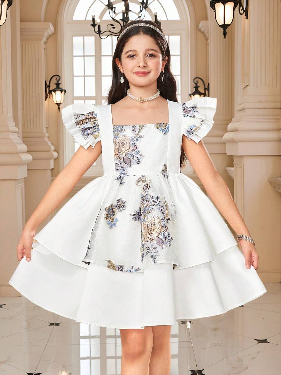 SHEIN Vestido de fiesta para niña preadolescente con jacquard floral, malla, diseño de peplum y volantes en capas, hilos metálicos, elegante, informal para vacaciones, fiesta blanca, vestido de princesa, para fiesta de cumpleaños, festival, Día de San Valentín