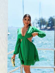 SHEIN SXY Vestido corto ajustado de mujer con cuello en V profundo y cintura recortada, atuendo de vacaciones para mujer, conjuntos de verano para mujer, vestidos de verano para mujer, verde, atuendo de playa para mujer, salir, atuendo de crucero