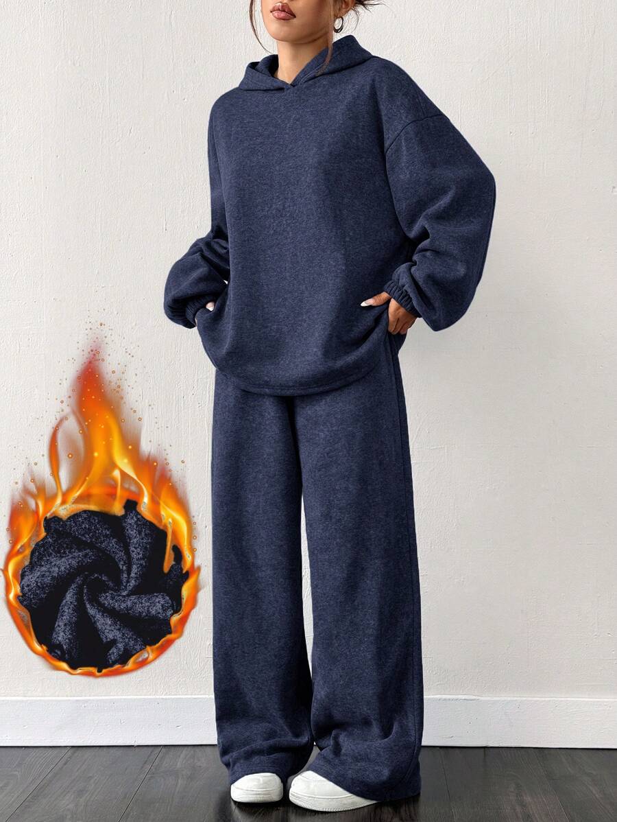 SHEIN EZwear 海军蓝保暖内衬宽松落肩连帽衫和阔腿运动裤两件套 - 藏蓝色 - 查看 1