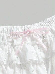 ROMWE Kawaii Plus Size Front Tie Ruffle Hem Casual Shorts, Suitable For Leisure & Holiday - White - View 4