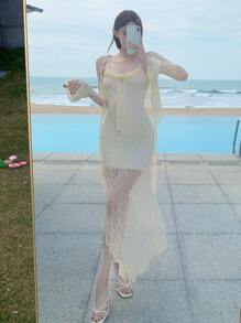 DAZY 2pcs Women Vacation Textured Sheer Lace Top & 3D Floral Decor Dress,Ruffle Lounge Sets For Women - Beige - View 8