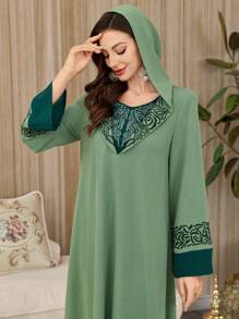 Al Najma Vestido árabe de manga larga con capucha, con bordado floral y contraste de color, modesto - Verde - Ver 6