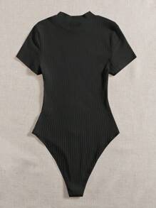 SHEIN EZwear Body casual de mujer de unicolor, cuello redondo, manga corta y acanalado - Negro - Ver 2