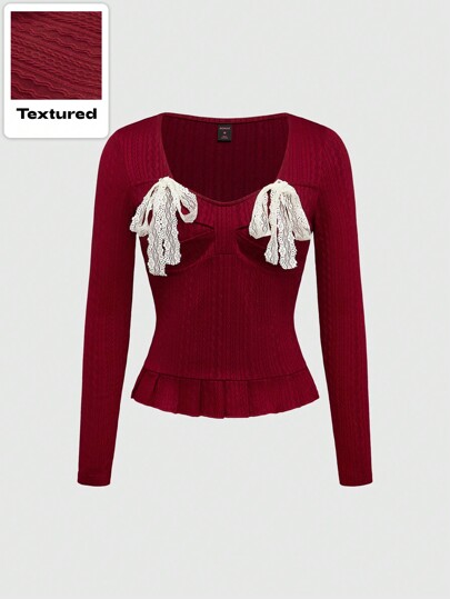 Kawaii Women's Valentine's Day Pure Lace Bowknot Fitted Sexy T-Shirt