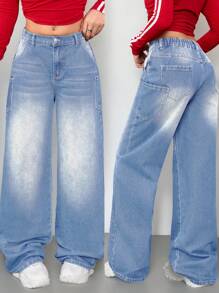 SHEIN Y2K 时尚圣诞服饰复古水洗斜口袋宽松阔腿牛仔裤，适合青少年女孩街头装 - 淺色水洗藍 - 查看 5