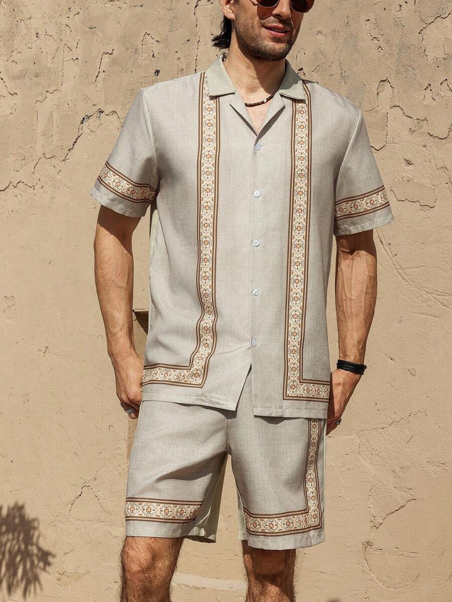 Manfinity RSRT Men's Floral Print Patchwork Texture Shirt And Shorts Set - Apricot - View 1