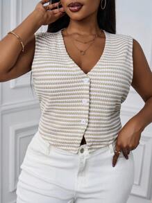 SHEIN PETITE CURVE Plus Size Women's Button-Front Sleeveless Striped Tank Top, Casual Everyday Wear, French Textured Knit Striped Top