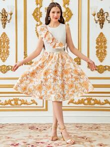 SHEIN Teen Girls Casual Elegant Asymmetrical Ruffle Drawstring Crew Neck Blouse And Retro Floral Print A-Line Hem Mini Skirt Set - Gold - View 5