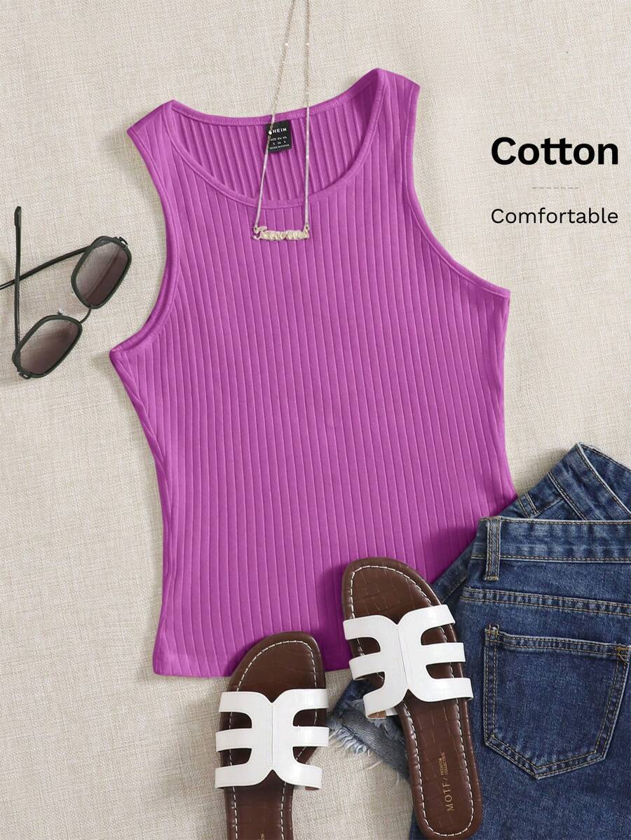SHEIN EZwear Solid Rib Knit Tank Top - Purple - View 1