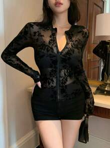 DAZY Sheer Lace & Mesh Floral Embroidered Long Sleeve Top For Women,Fall Women Clothes Going Out Tops - Black - View 7